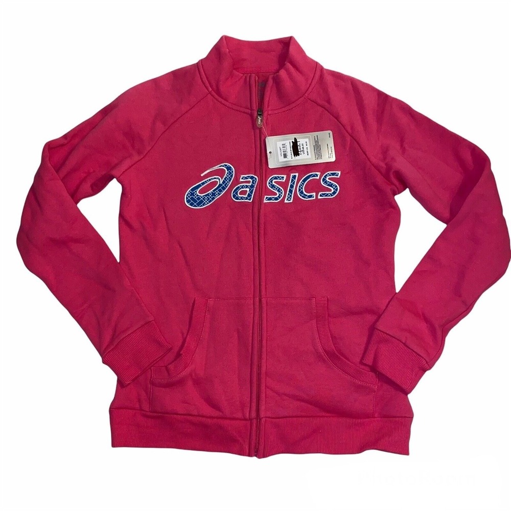 Asics Jacket Womens XS Pink Logo Full Zip Mock Neck Sweatshirt Pockets NWT